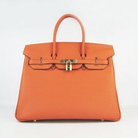 Hermes Birkin 35Cm Cattle Skin Stripe Handbags Orange Gold